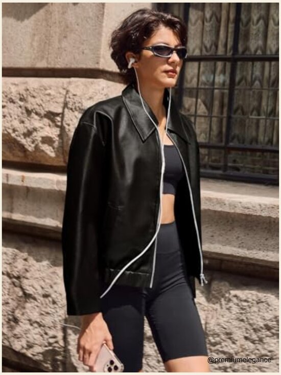 Faux Leather Bomber Jacket Cropped Zip Up Outerwear Lightweight Water Repellent - Picture 3 of 7